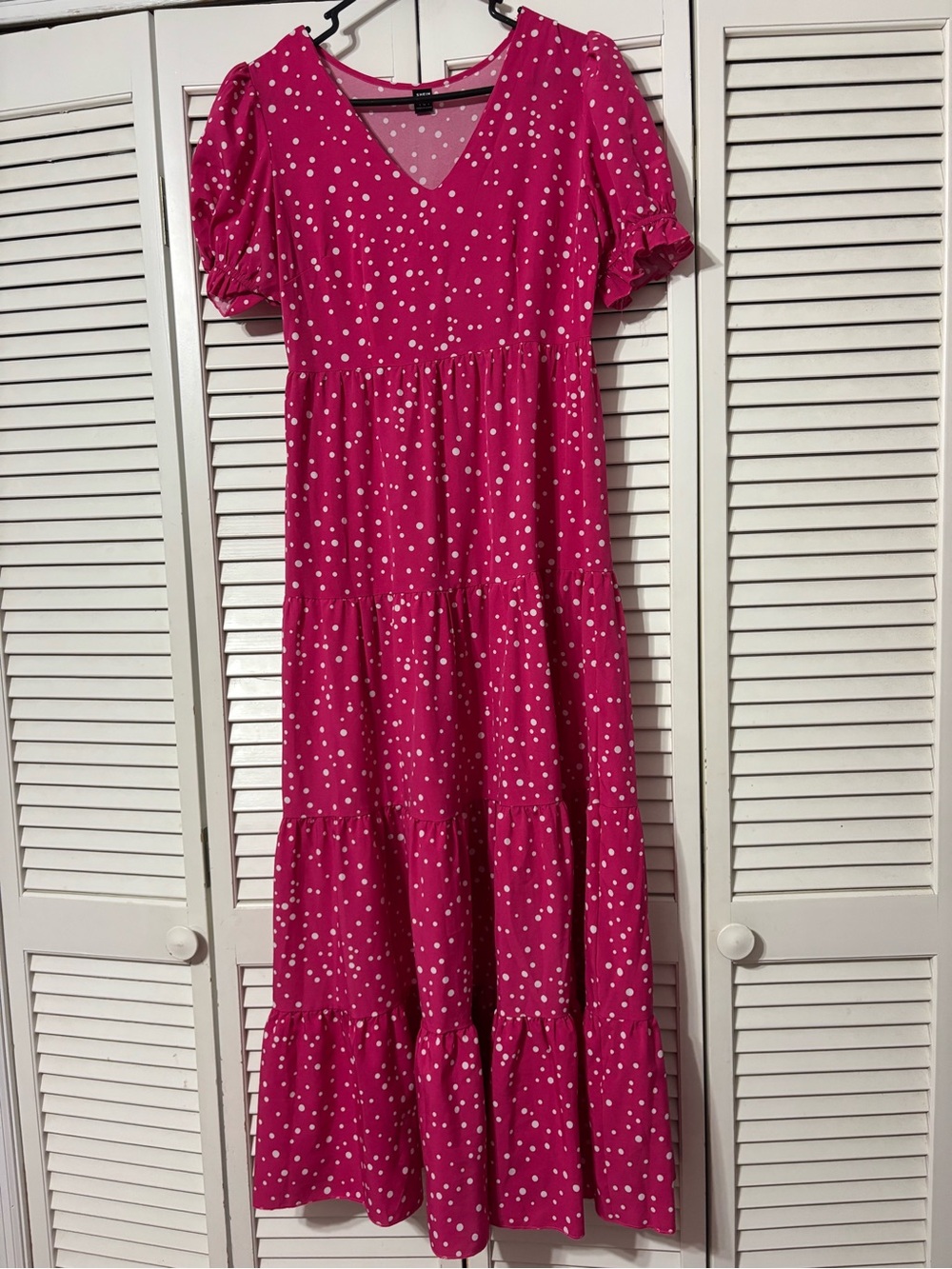 SHEIN Hot Pink Polka Dot Tiered Maxi Dress